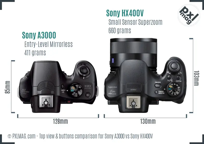 Sony A3000 vs Sony HX400V top view buttons comparison