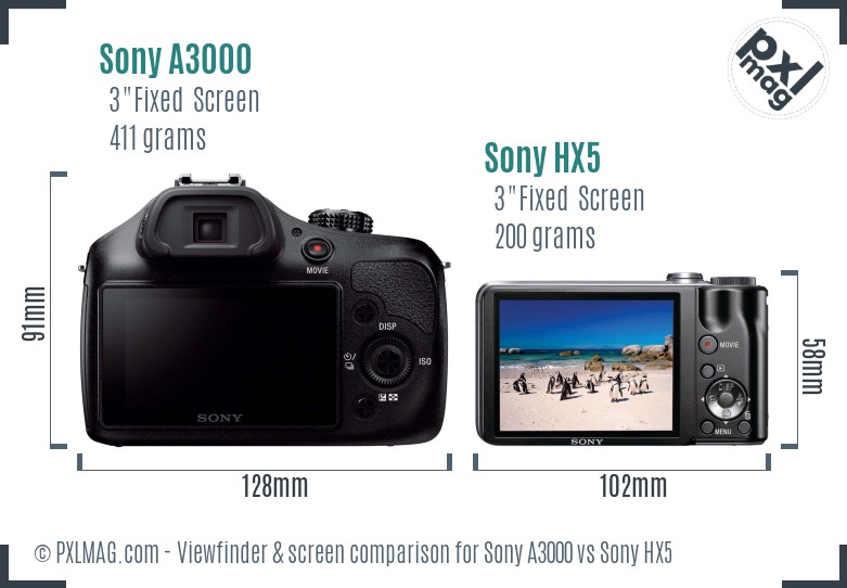 Sony A3000 vs Sony HX5 Screen and Viewfinder comparison