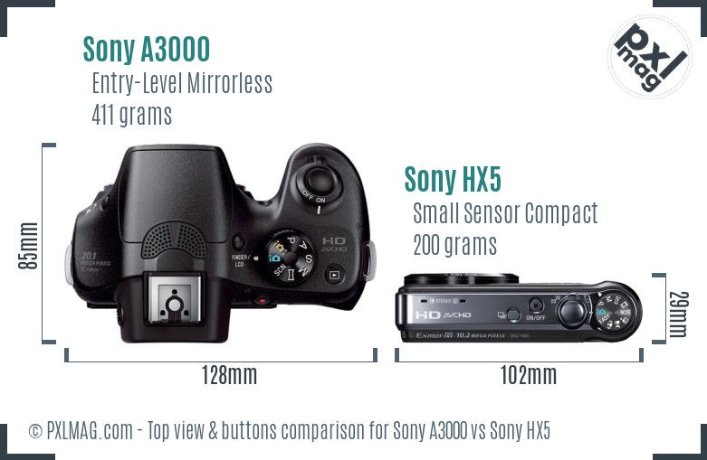 Sony A3000 vs Sony HX5 top view buttons comparison
