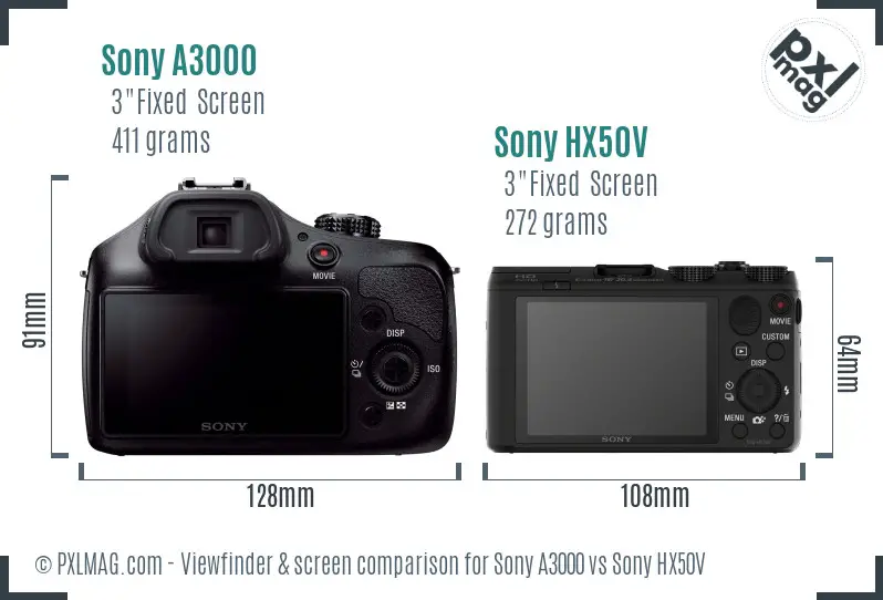 Sony A3000 vs Sony HX50V Screen and Viewfinder comparison