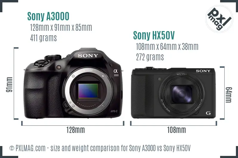 Sony A3000 vs Sony HX50V size comparison