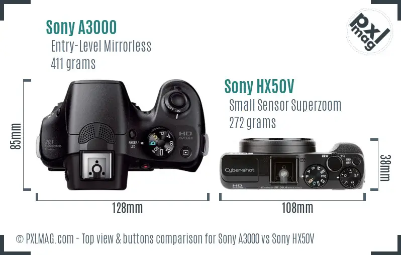 Sony A3000 vs Sony HX50V top view buttons comparison