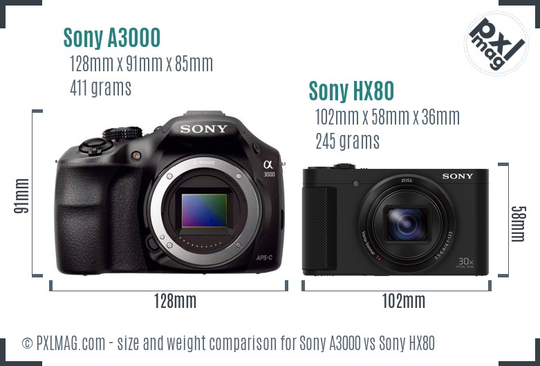 Sony A3000 vs Sony HX80 size comparison