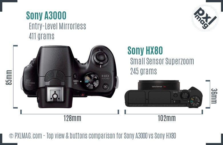 Sony A3000 vs Sony HX80 top view buttons comparison