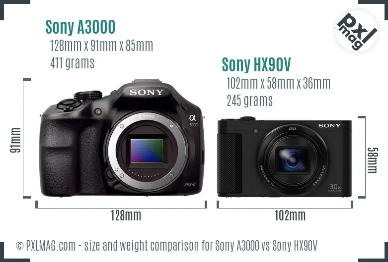 Sony A3000 vs Sony HX90V size comparison