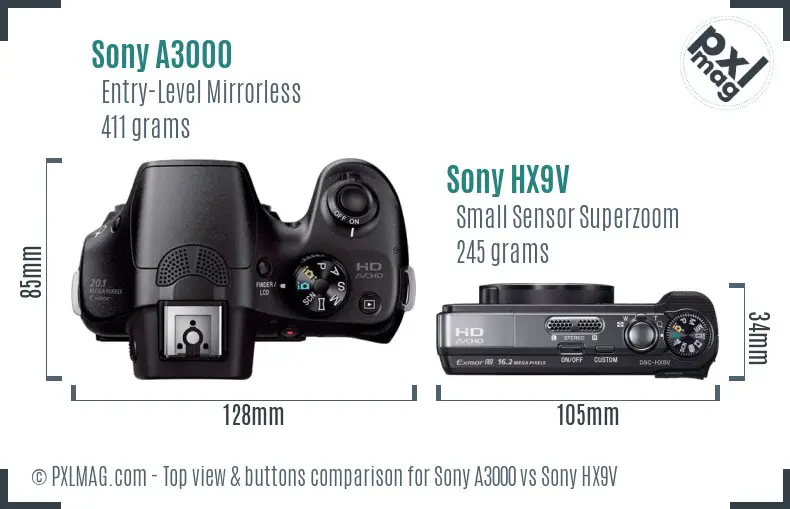Sony A3000 vs Sony HX9V top view buttons comparison