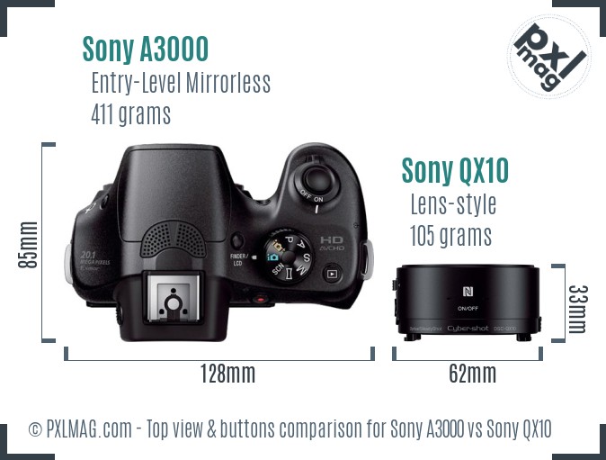 Sony A3000 vs Sony QX10 top view buttons comparison