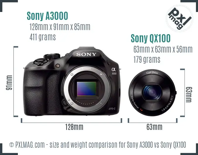 Sony A3000 vs Sony QX100 size comparison