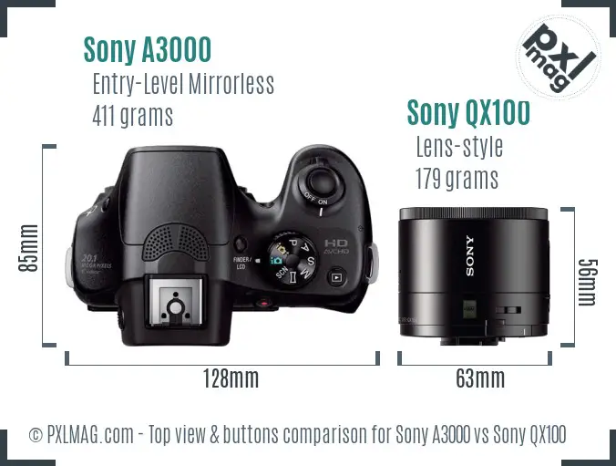 Sony A3000 vs Sony QX100 top view buttons comparison