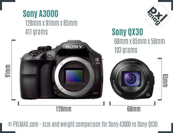 Sony A3000 vs Sony QX30 size comparison