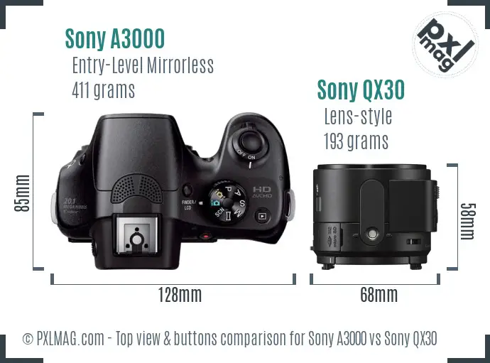 Sony A3000 vs Sony QX30 top view buttons comparison