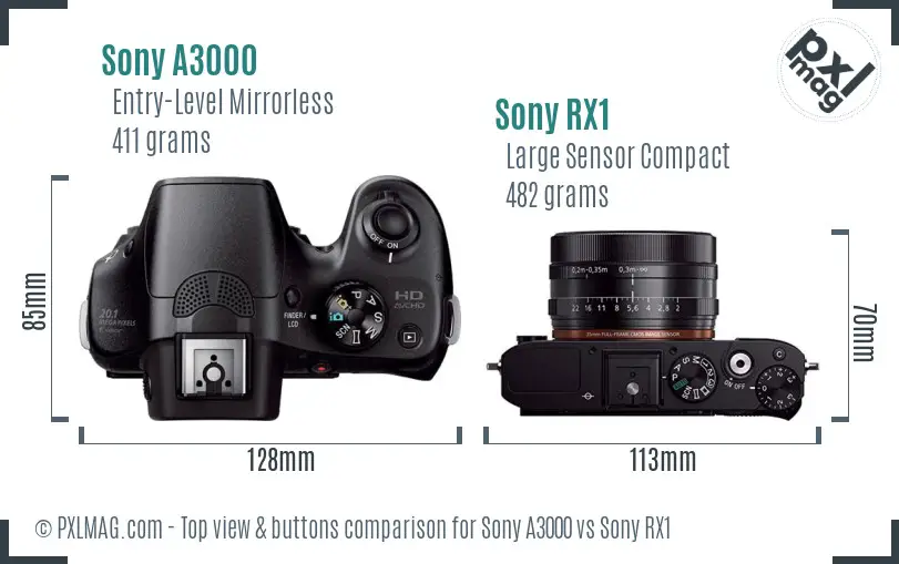 Sony A3000 vs Sony RX1 top view buttons comparison