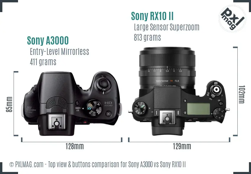 Sony A3000 vs Sony RX10 II top view buttons comparison Sony A3000 vs Sony RX10 II top view buttons comparison