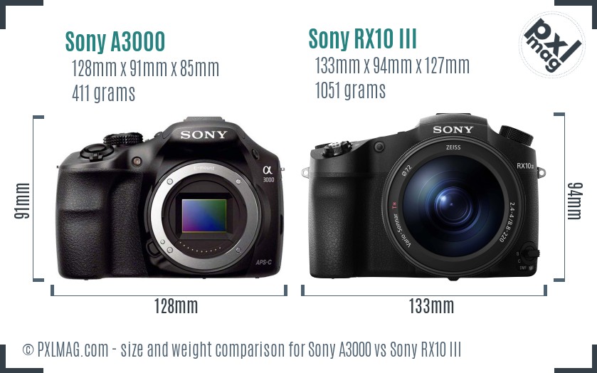 Sony A3000 vs Sony RX10 III size comparison