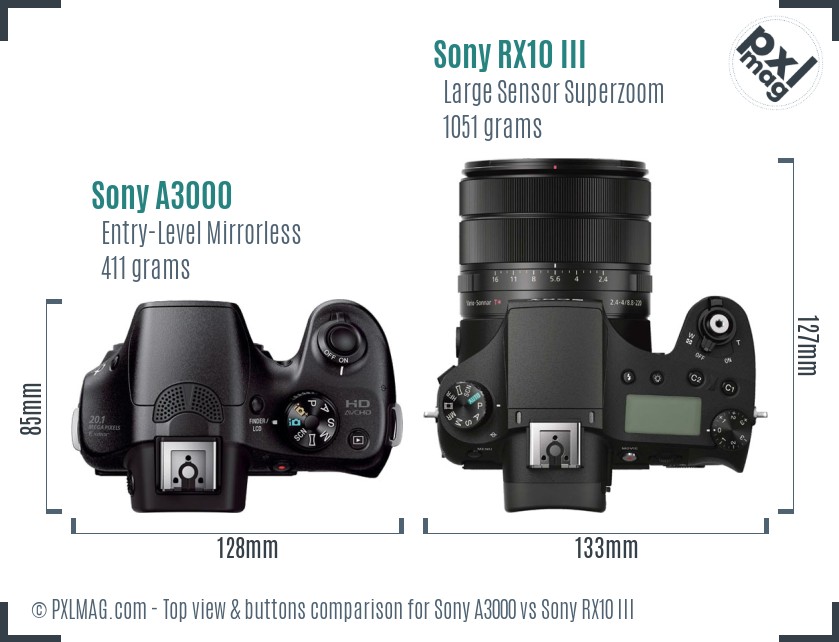 Sony A3000 vs Sony RX10 III top view buttons comparison