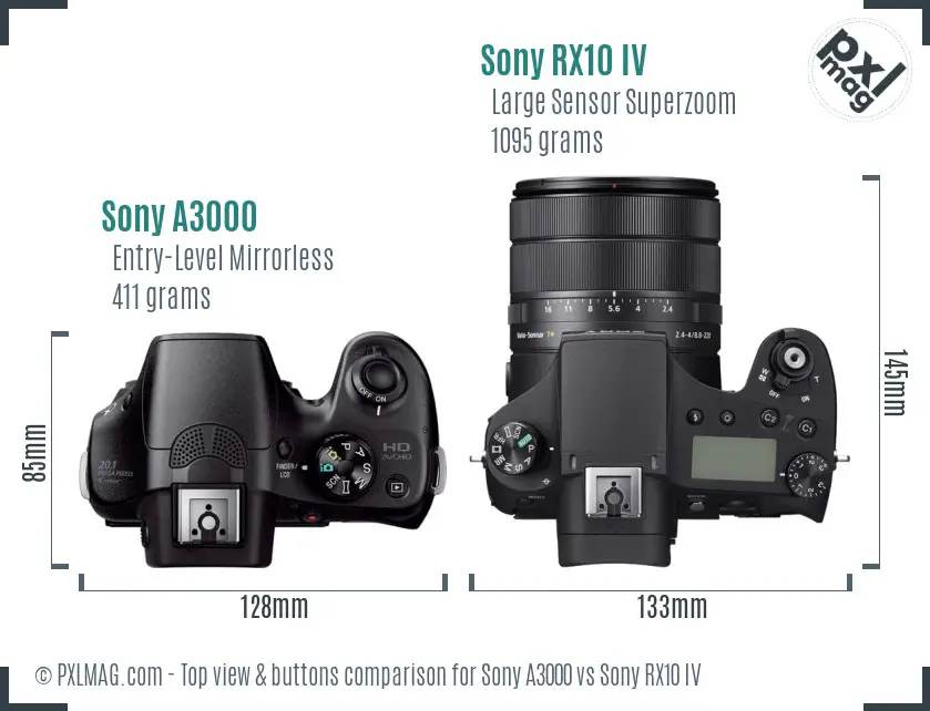 Sony A3000 vs Sony RX10 IV top view buttons comparison