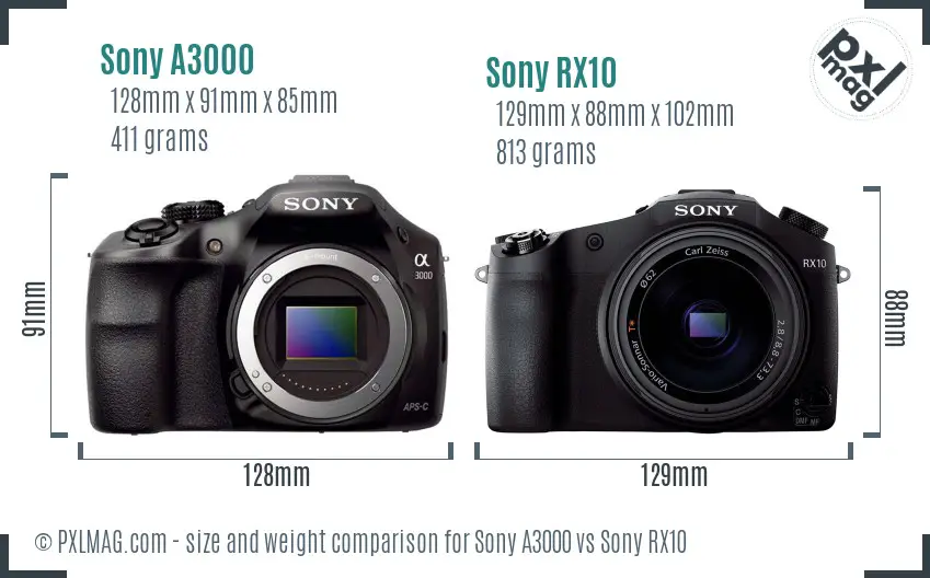 Sony A3000 vs Sony RX10 size comparison
