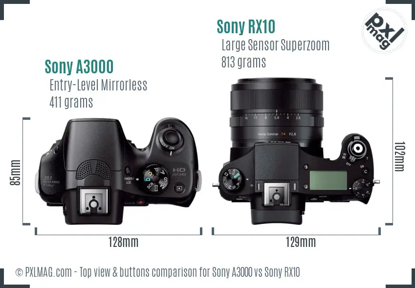 Sony A3000 vs Sony RX10 top view buttons comparison
