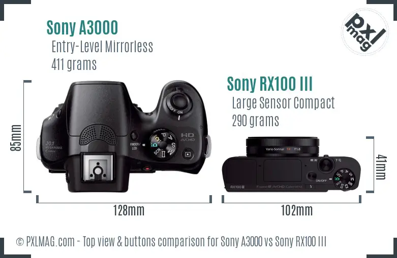 Sony A3000 vs Sony RX100 III top view buttons comparison