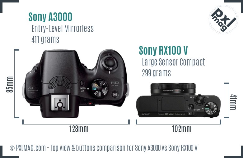Sony A3000 vs Sony RX100 V top view buttons comparison