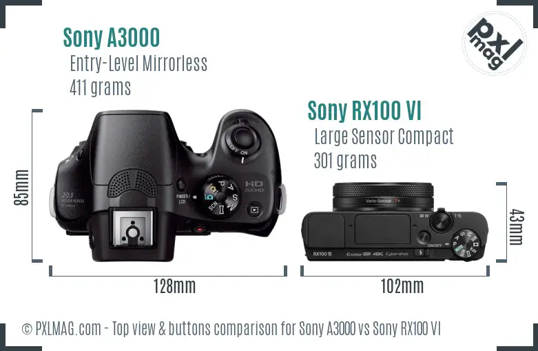 Sony A3000 vs Sony RX100 VI top view buttons comparison