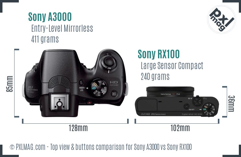 Sony A3000 vs Sony RX100 top view buttons comparison