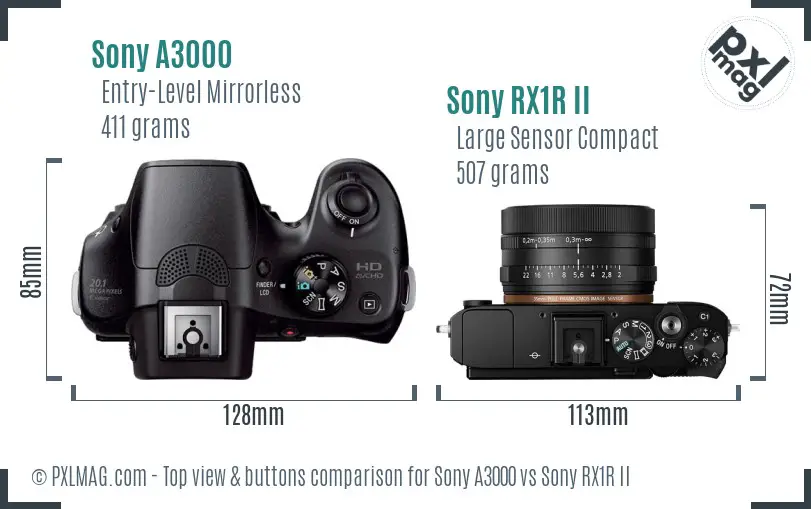 Sony A3000 vs Sony RX1R II top view buttons comparison