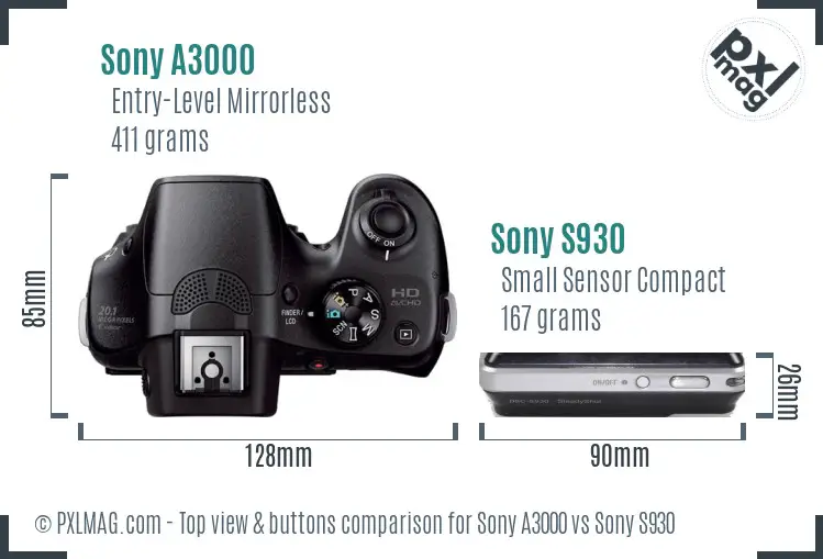 Sony A3000 vs Sony S930 top view buttons comparison