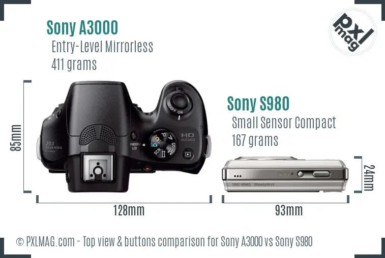 Sony A3000 vs Sony S980 top view buttons comparison