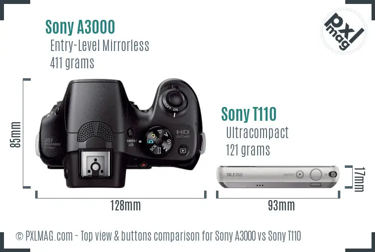 Sony A3000 vs Sony T110 top view buttons comparison