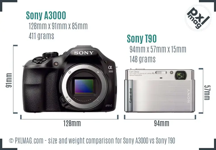 Sony A3000 vs Sony T90 size comparison