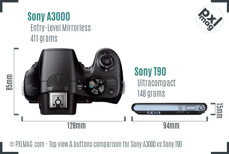 Sony A3000 vs Sony T90 top view buttons comparison