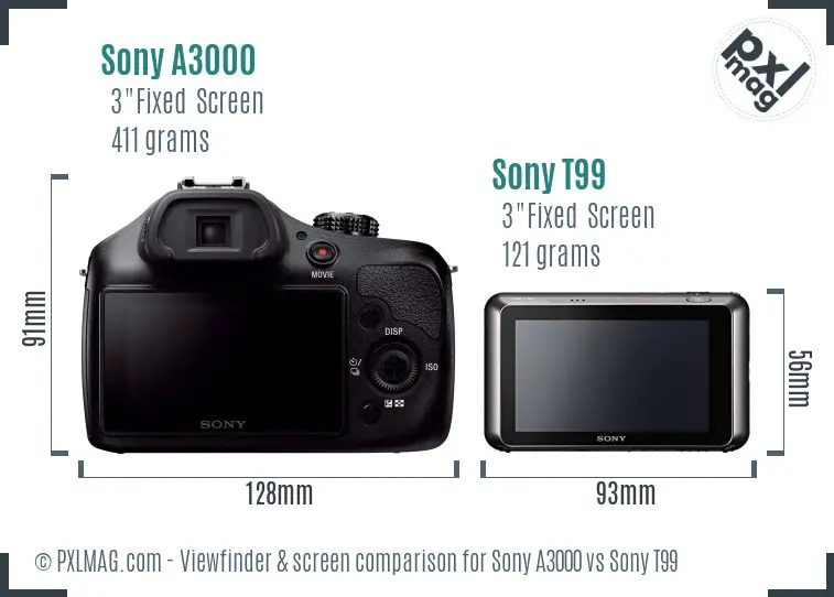 Sony A3000 vs Sony T99 Screen and Viewfinder comparison