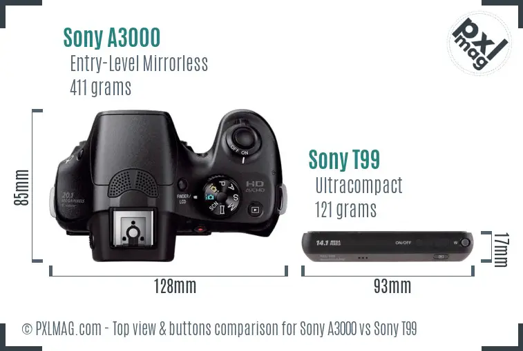 Sony A3000 vs Sony T99 top view buttons comparison