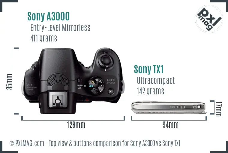 Sony A3000 vs Sony TX1 top view buttons comparison