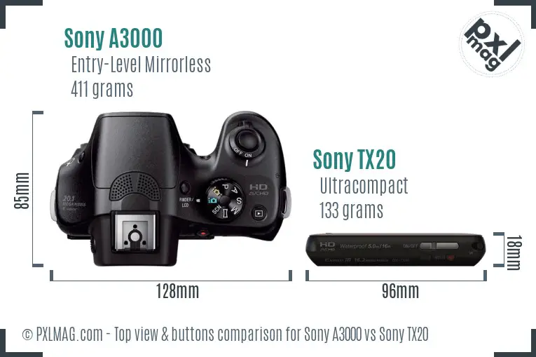 Sony A3000 vs Sony TX20 top view buttons comparison