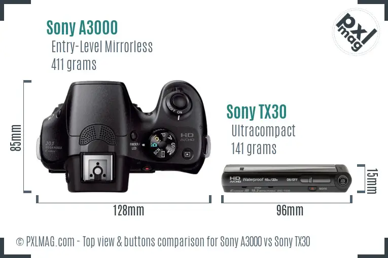 Sony A3000 vs Sony TX30 top view buttons comparison