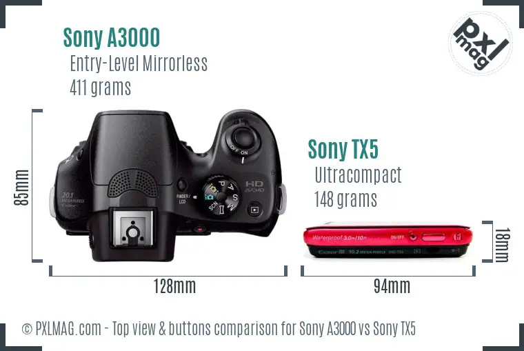 Sony A3000 vs Sony TX5 top view buttons comparison