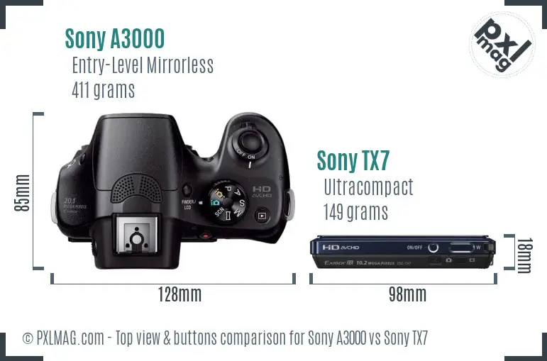 Sony A3000 vs Sony TX7 top view buttons comparison