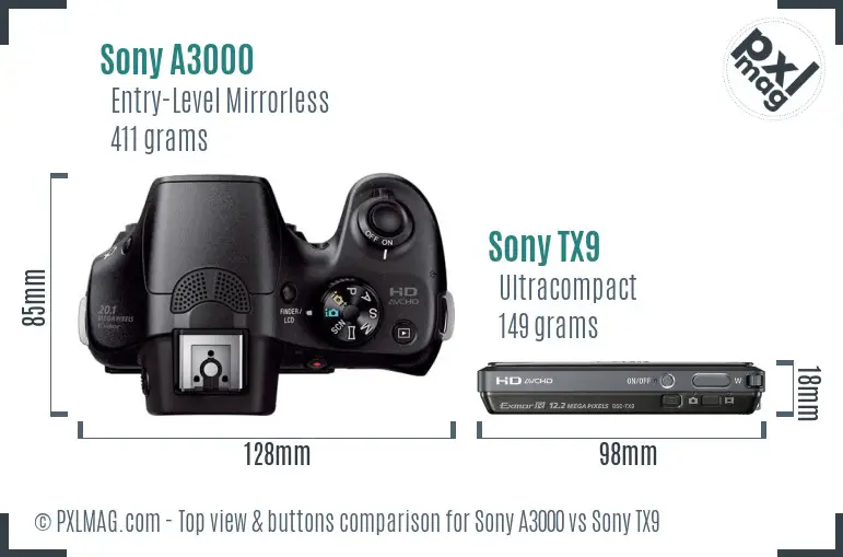 Sony A3000 vs Sony TX9 top view buttons comparison