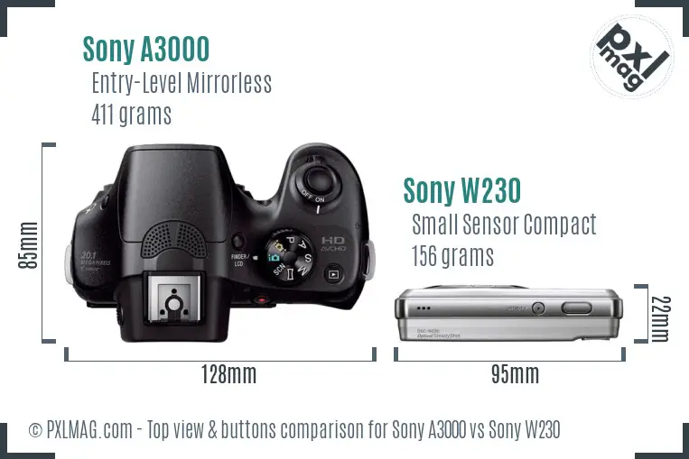 Sony A3000 vs Sony W230 top view buttons comparison