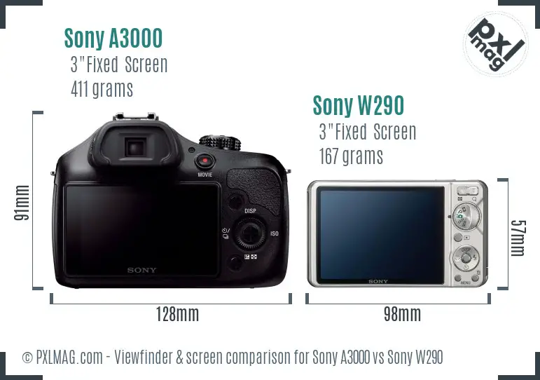 Sony A3000 vs Sony W290 Screen and Viewfinder comparison