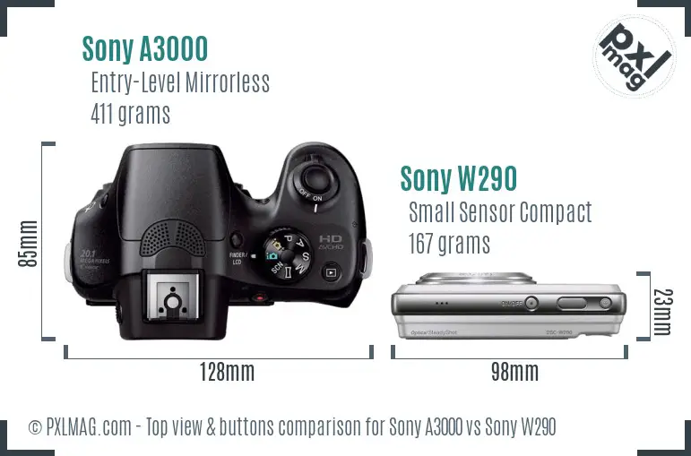 Sony A3000 vs Sony W290 top view buttons comparison