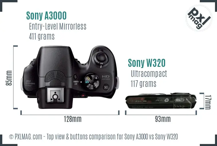 Sony A3000 vs Sony W320 top view buttons comparison