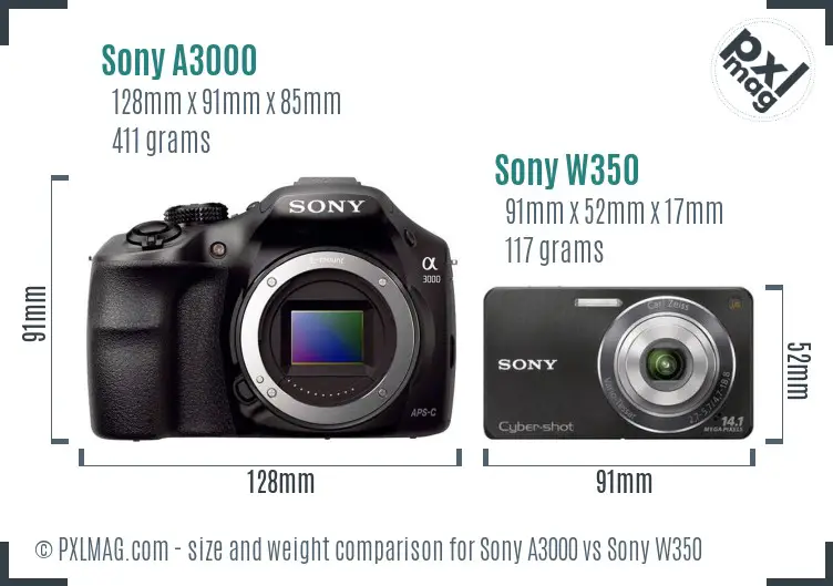Sony A3000 vs Sony W350 size comparison