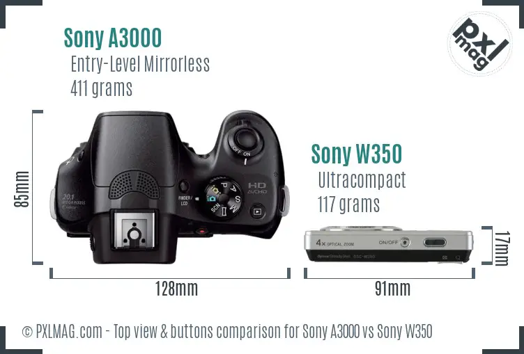 Sony A3000 vs Sony W350 top view buttons comparison