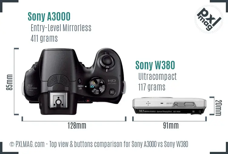 Sony A3000 vs Sony W380 top view buttons comparison