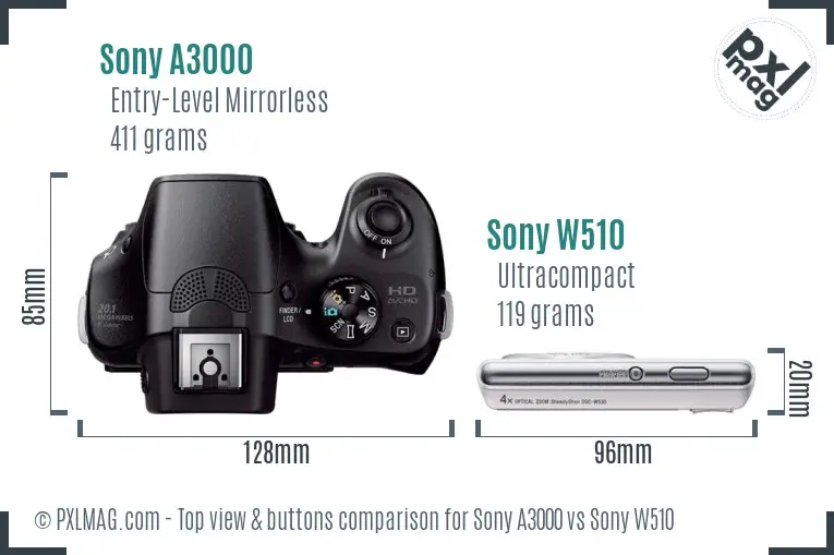 Sony A3000 vs Sony W510 top view buttons comparison