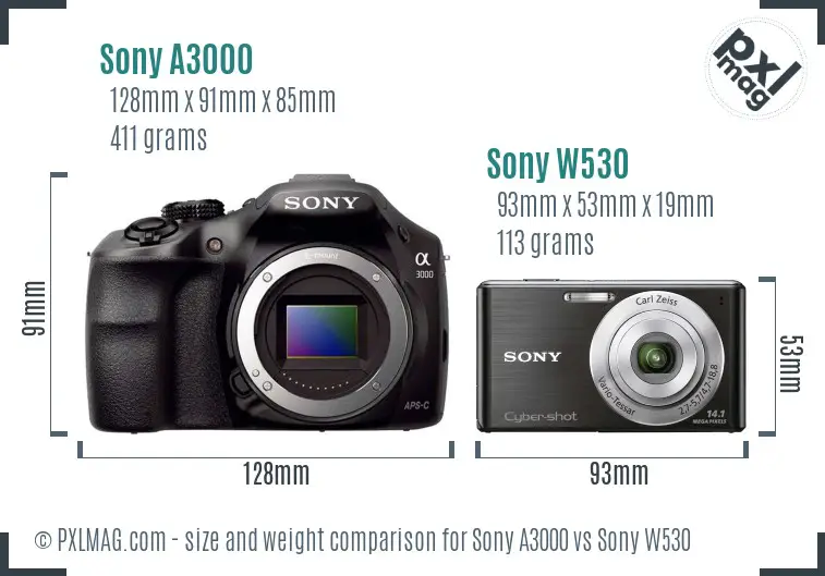 Sony A3000 vs Sony W530 size comparison