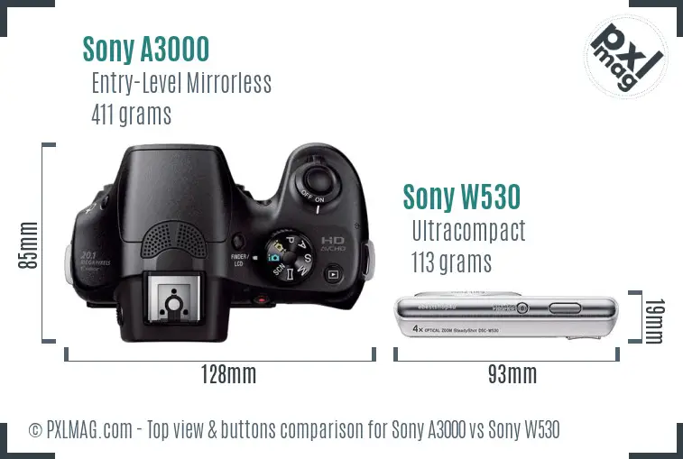 Sony A3000 vs Sony W530 top view buttons comparison